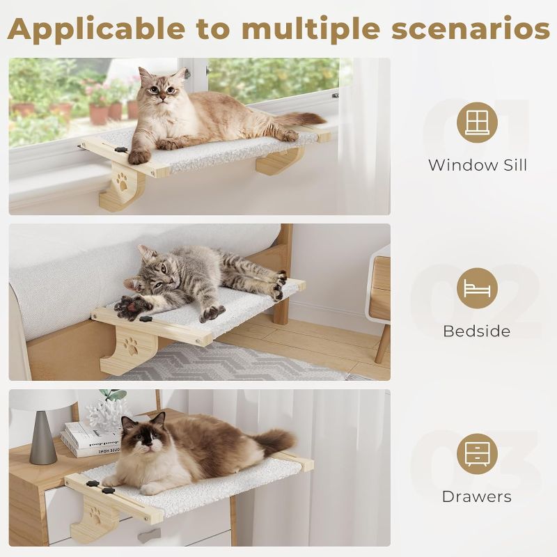 Photo 3 of Cat Window Perch, Cat Window Hammock with Wood & Metal Frame for Large Cats, Adjustable Cat Perch for Windowsill, Bedside, Drawer and Cabinet(21.7''-White Plush) (Medium - 21.7'')
