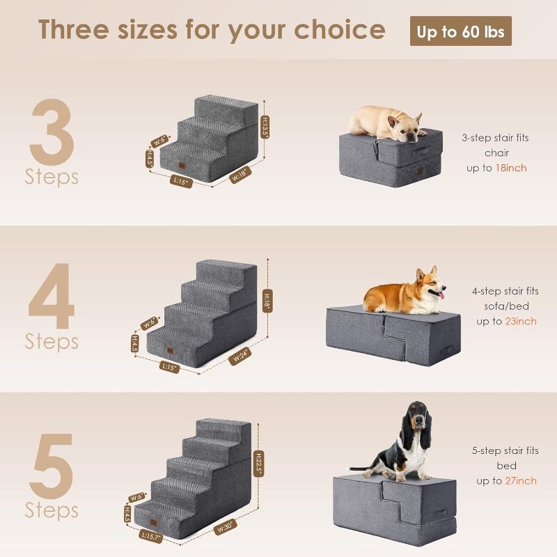 Photo 2 of EHEYCIGA Dog Stairs for Small Dogs 13.5" H, 3-Step Dog Steps for Couch Sofa and Chair, Pet Steps for Small Dogs and Cats, Non-Slip Balanced Dog Indoor Ramp, Grey
