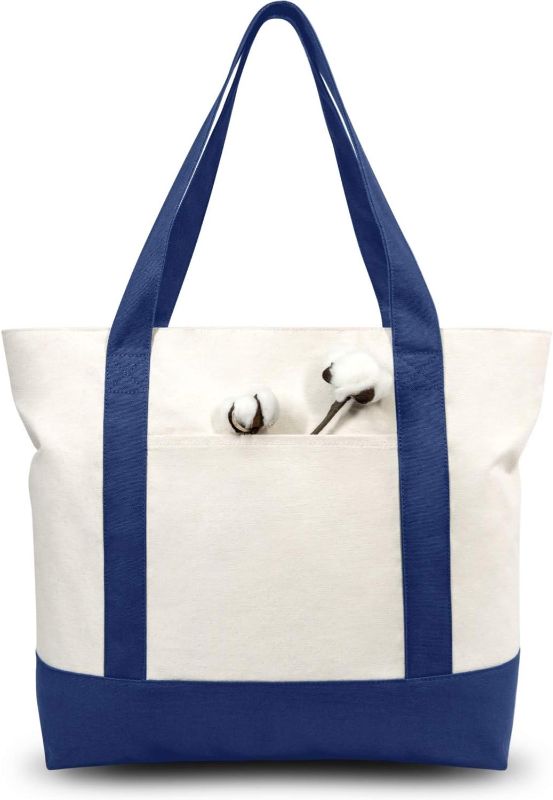 Photo 1 of TOPDesign Stylish Canvas Tote Bag with an External Pocket, Top Zipper Closure, Daily Essentials (Blue/Natural)
