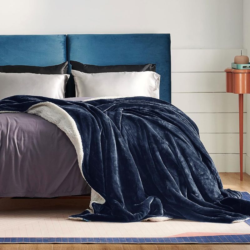 Photo 2 of Bedsure Sherpa Fleece King Size Blanket for Bed - Thick and Warm for Winter, Soft and Fuzzy Large Blanket King Size, Navy, 108x90 Inches
