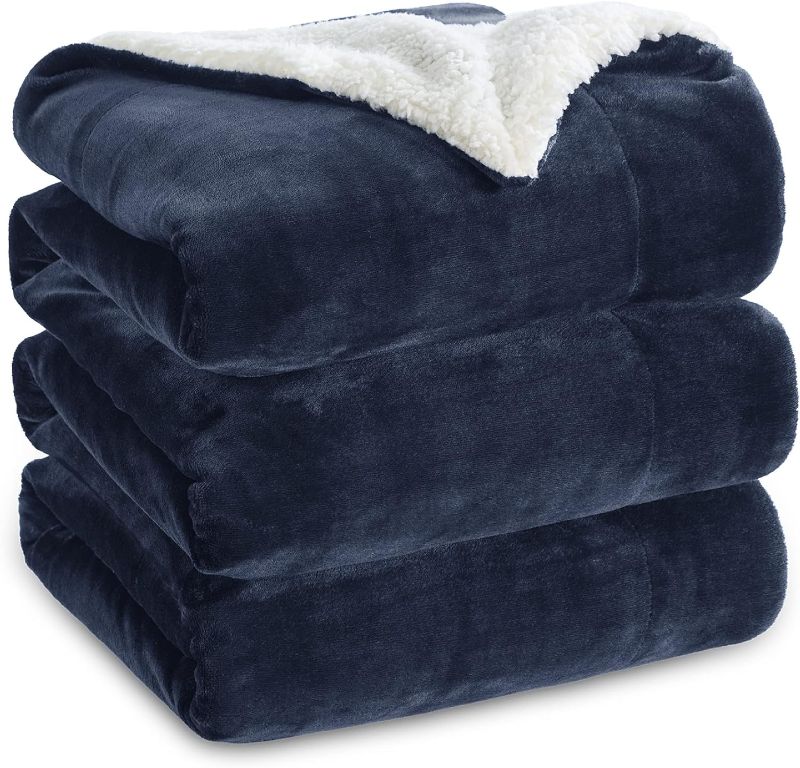 Photo 1 of Bedsure Sherpa Fleece King Size Blanket for Bed - Thick and Warm for Winter, Soft and Fuzzy Large Blanket King Size, Navy, 108x90 Inches
