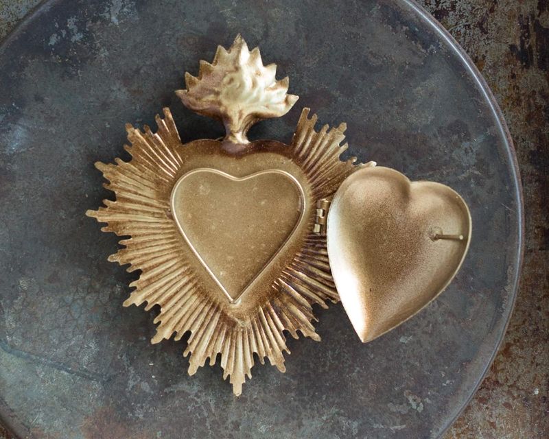 Photo 2 of Sacred Heart, Metal Heart Milagro, Gold Heart Box, Ex Voto
