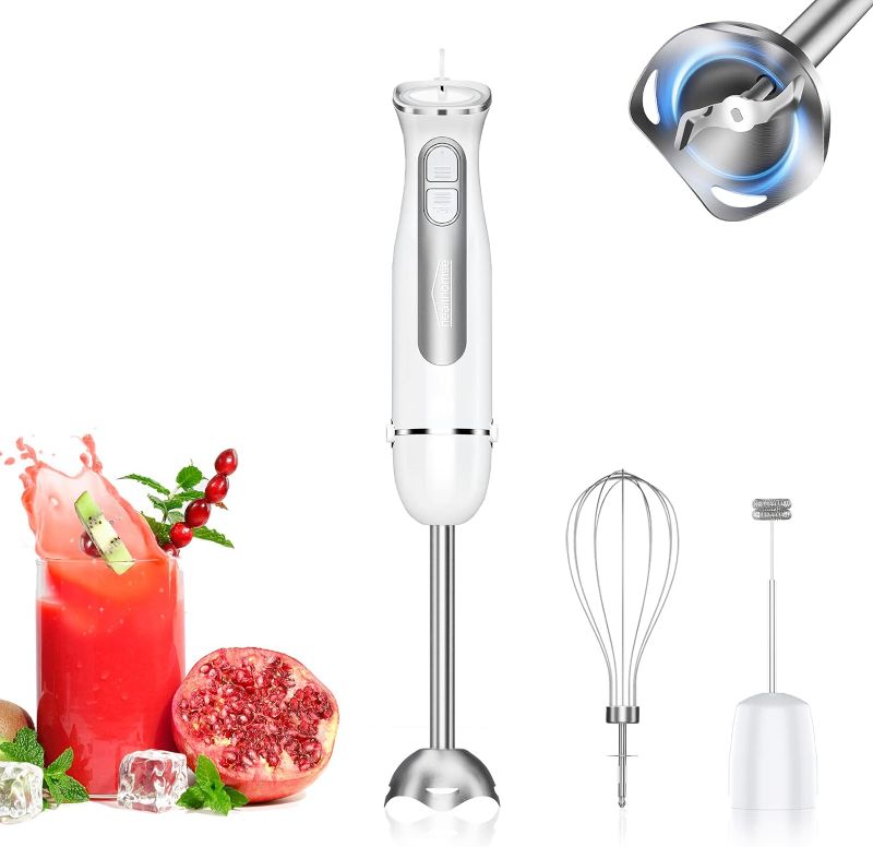 Photo 1 of healthomse 3-In-1 Immersion Blender 800W 12-Speed Stainless Steel Hand Blender with Milk Frother, Egg Whisk, BPA-Free Materials for Soup, Smoothie, Baby Food (White)
