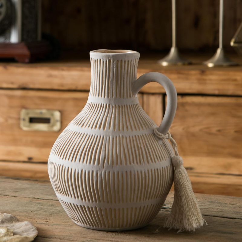 Photo 1 of Rustic Ceramic Vase for Home Decor, Farmhouse Decorative Vases for Pampas Grass, Terracotta Vase with Tassel Design, Handle Flower Vase, Clay Vase for Living Room Decoration, 8 inch Tall
