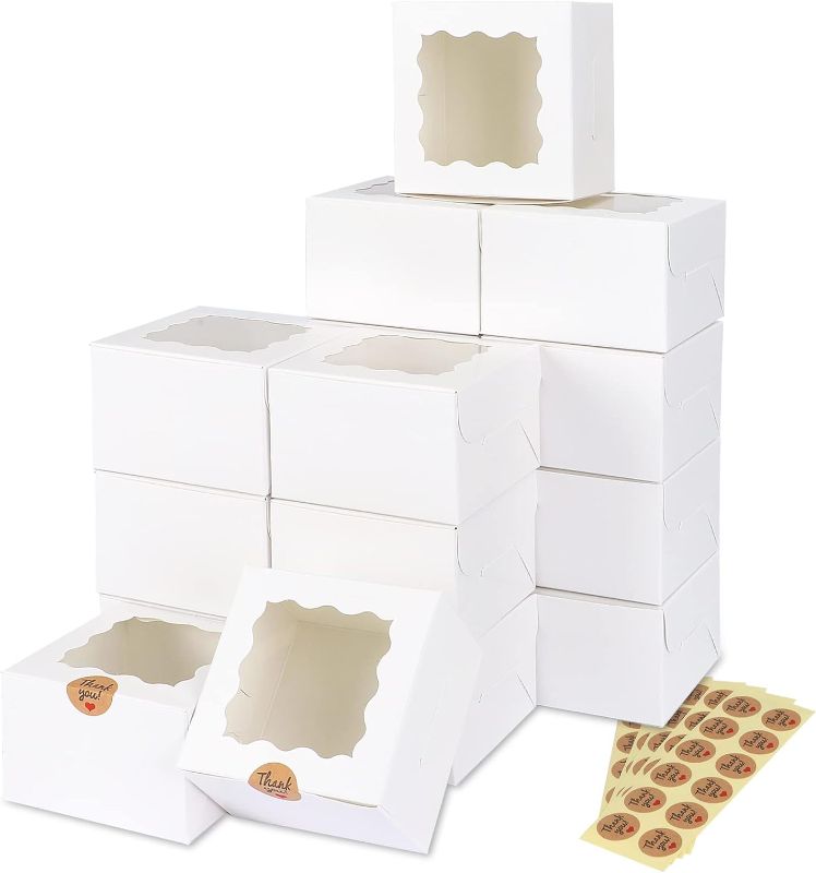 Photo 1 of Moretoes 50pcs 4x4x2.5 Inches White Bakery Boxes with Window, Cookie Boxes, Small Treat Boxes, Mini Cake Boxes for Dessert, Strawberries, Pastry

