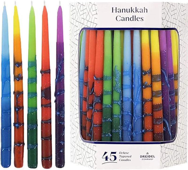 Photo 1 of Dripless Hanukkah Candles, Multicolored Striped Deluxe Tapered Decorations, Chanukkah Menorah Candles for All 8 Nights of Chanukah (Single-Pack)
