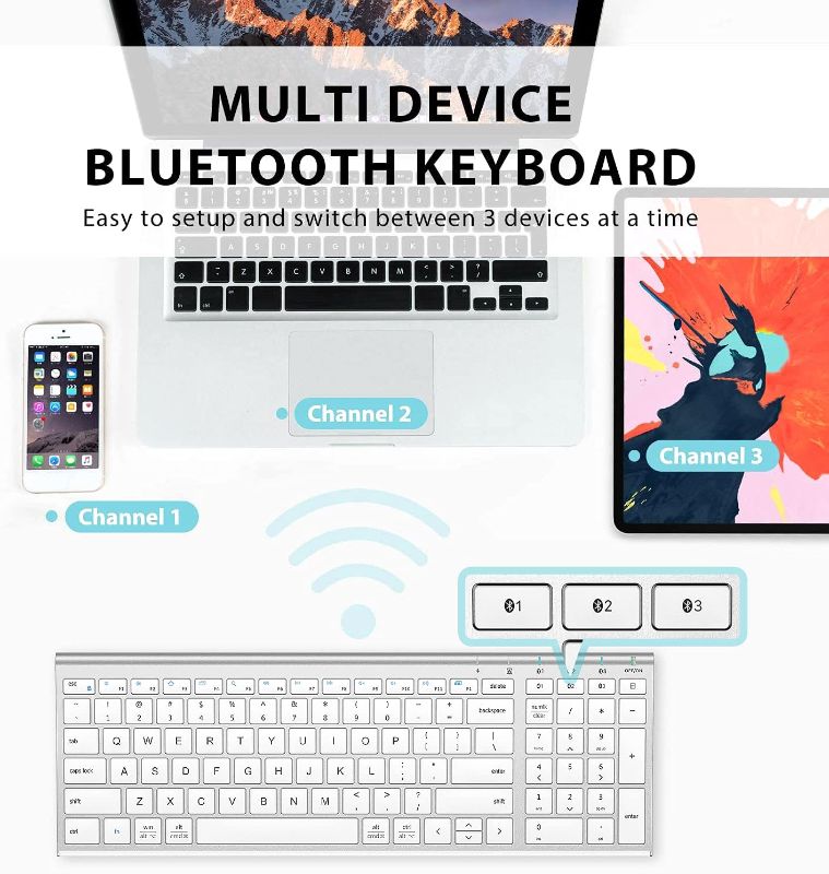 Photo 2 of iClever BK10 Bluetooth Keyboard, Multi Device Keyboard Rechargeable Bluetooth 5.1 with Number Pad Ergonomic Design Full Size Stable Connection Keyboard for iPad, iPhone, Mac, iOS, Android, Windows
