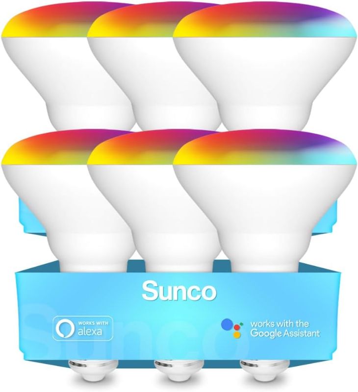 Photo 1 of Sunco Lighting BR30 Alexa Smart Flood Light Bulbs Color Changing LED Recessed WiFi Bulb 8W, RGBCW, Dimmable, 650 Lumens, Compatible with Alexa & Google Assistant, E26 Base No Hub Required 6 Pack
