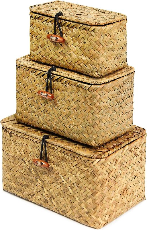 Photo 1 of FEILANDUO Shelf Baskets with Lid Set of 3 Handwoven Seagrass Storage Box Wicker Basket Desktop Makeup Organizer Multipurpose Container (Original (S/M/L)
