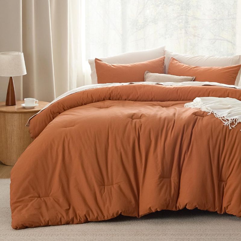 Photo 1 of Bedsure Cotton Comforter Set Queen Size - Burnt Orange Washed Cotton Comforter, Soft Bedding for All Seasons, 3 Pieces, 1 Comforter (90"x90") and 2 Pillow Cases (20"x26")
