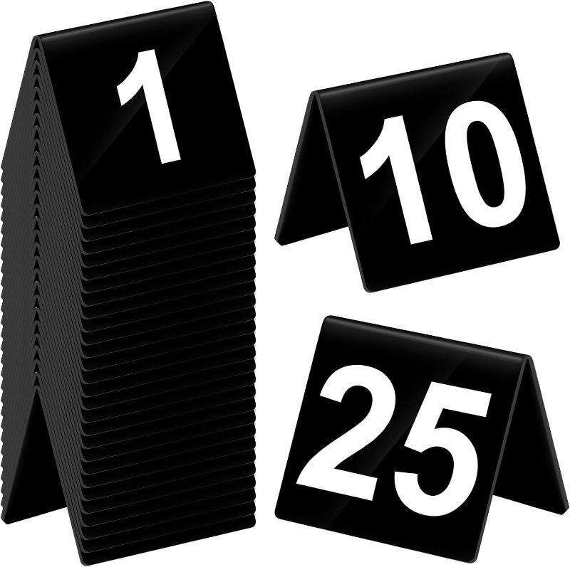 Photo 1 of Tuanse Table Numbers 1-25 Acrylic Double Side Numbered Table Tents Plastic Restaurant Wedding Table Number Table Tent Numbers Cards Signs for Party Banquets Wedding Reception (Black, White)
