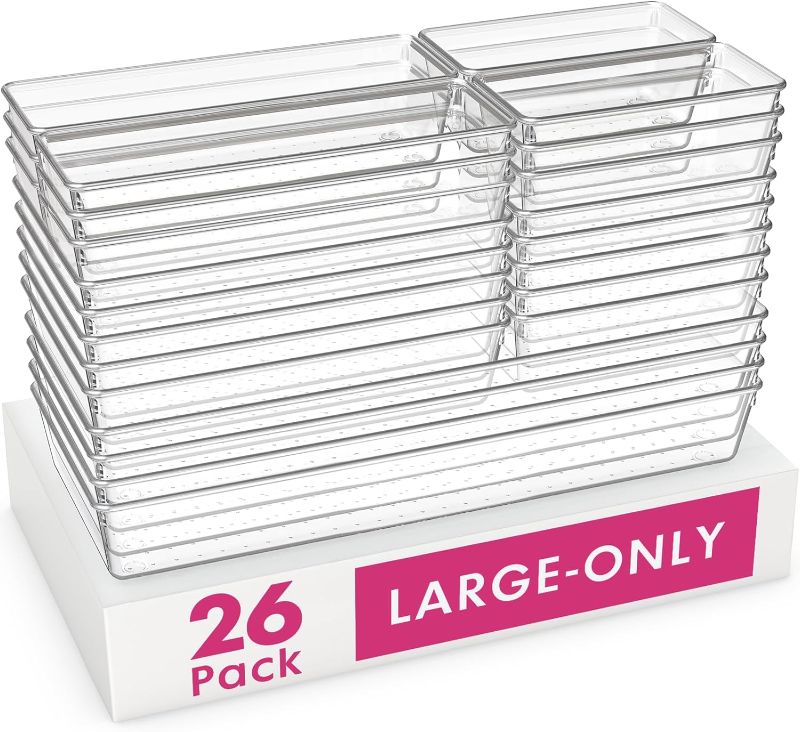Photo 1 of 26 Pack Large Clear Plastic Drawer Organizer Trays, Acrylic Kitchen Drawer Organization and Storage Dividers, Non-Slip Storage Bins for Makeup, Kitchen Utensils, Bathroom, Jewelries and Office Desk
