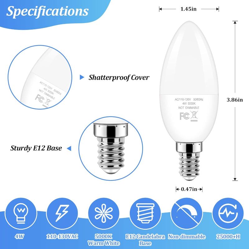 Photo 2 of Brightever Candelabra 40W Equivalent LED Light Bulbs, 4W Candle Light Bulbs with Small E12 Base, Daylight White 5000K Ceiling Fan Lightbulbs, Type B Bulb for Wall Sconces, Non-Dimmable, Pack of 6
