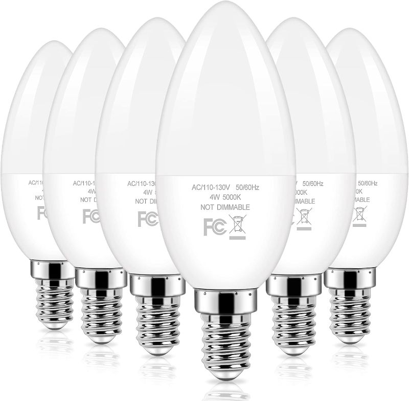 Photo 1 of Brightever Candelabra 40W Equivalent LED Light Bulbs, 4W Candle Light Bulbs with Small E12 Base, Daylight White 5000K Ceiling Fan Lightbulbs, Type B Bulb for Wall Sconces, Non-Dimmable, Pack of 6
