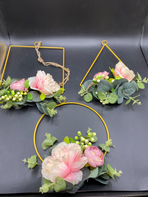 Photo 2 of Floral Hoop Wreaths Set of 3 Artificial Flower Hanging Wall Hoop Garland with Pink Clematis Tea Rose Flowers and Green Eucalyptus Leaves for Wedding Nursery Wall Decor
