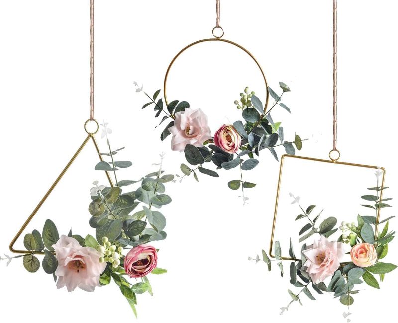 Photo 1 of Floral Hoop Wreaths Set of 3 Artificial Flower Hanging Wall Hoop Garland with Pink Clematis Tea Rose Flowers and Green Eucalyptus Leaves for Wedding Nursery Wall Decor
