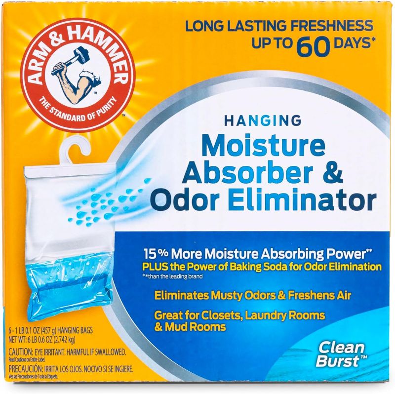 Photo 1 of Arm & Hammer Hanging Moisture Absorber and Odor Eliminator, 16.1 oz., 6 Pack, Clean Burst, Moisture Absorbers for Closet and Small Rooms, Long-Lasting Freshness
