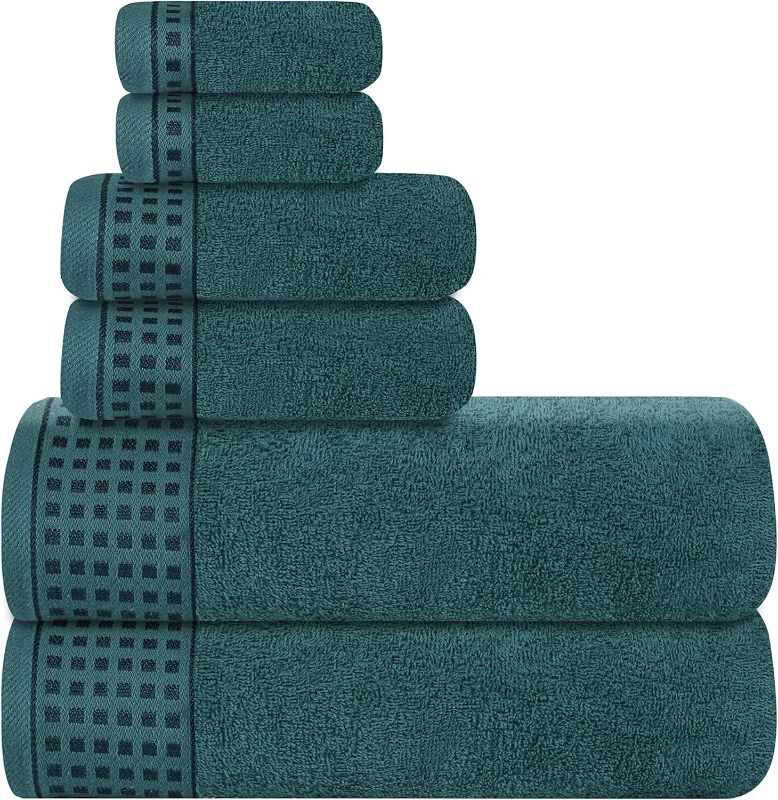 Photo 1 of GLAMBURG 100% Cotton Ultra Soft 6 Pack Towel Set, Contains 2 Bath Towels 28x55 Inches, 2 Hand Towels 16x24 Inches & 2 Wash Coths 12x12 Inches, Compact Absorbent Lightweight & Quickdry - Teal
