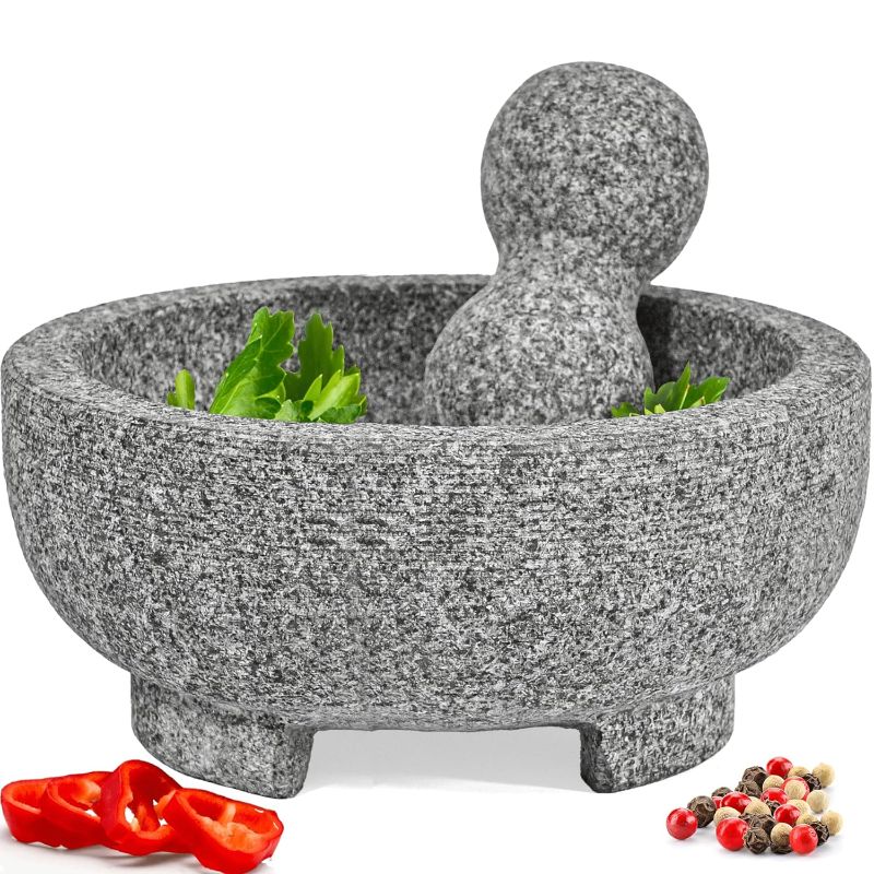 Photo 1 of PriorityChef Granite Mortar and Pestle Set - 8 Inch Natural Stone Molcajete Mexicano for Spices, Seasonings, Pastes - Pestle and Mortar Bowl for Fresh Guacamole, Salsa, Pesto, Large, Grey
