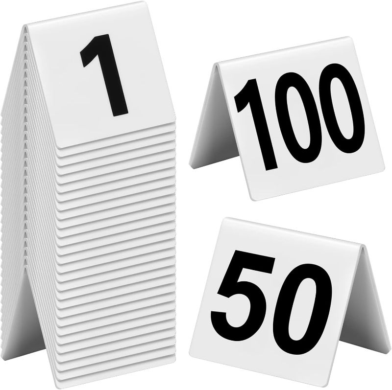 Photo 1 of 100 Pcs Acrylic Table Numbers 1-100 Double Side Numbered Table Tents Restaurant Wedding Table Tent Cards for Party Banquets Service Evidence Markers Supplies, 2.5 x 2 x 1.6 Inch (Black Number)
