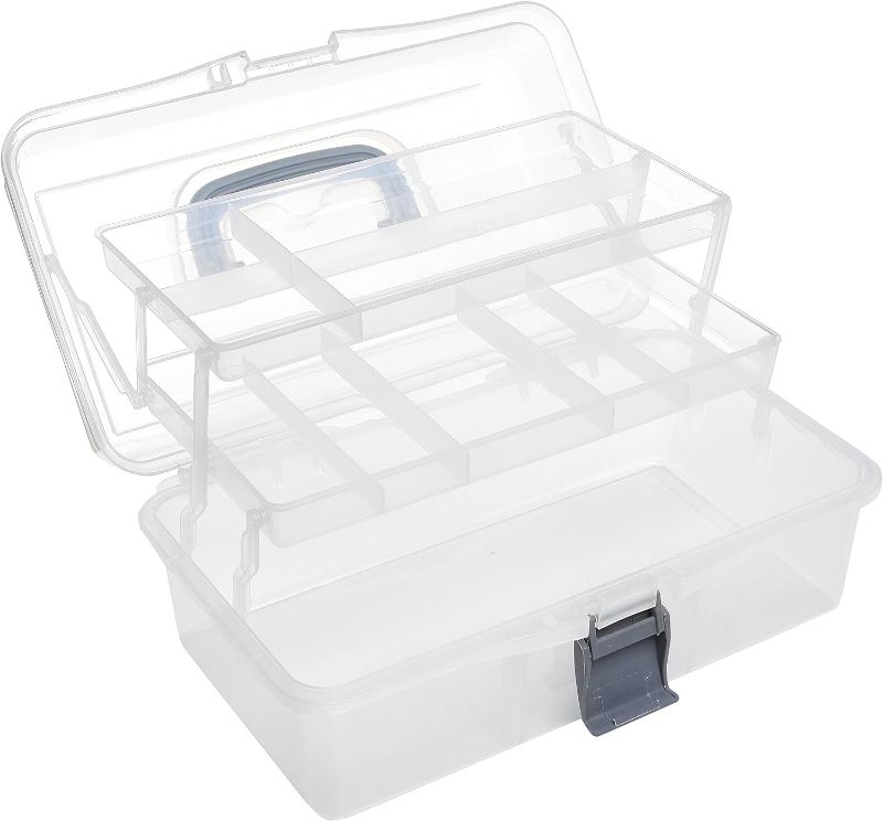 Photo 2 of MyGift 13 Inch Transparent Plastic Empty Multipurpose Storage Box with Gray Handle, Latching Lid and 2 Expandable Trays for Tools, First Aid, Sewing Kit, Arts Crafts Supplies
