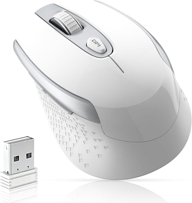 Photo 1 of cimetech Wireless Computer Mouse, 2.4G Ergonomic Optical Mouse, 6 Buttons, Silent Mouse with USB Receiver and 3 Adjustable DPI Computer Mouse for Laptop, Desktop, Mac, PC - White
