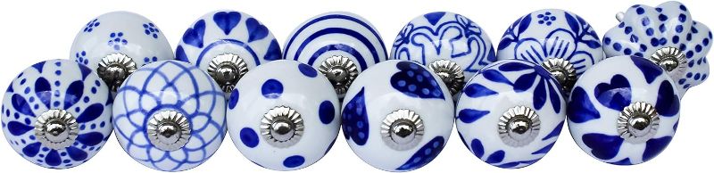 Photo 1 of Blue & White Hand Painted Antique Ceramic Knobs Kitchen Cabinet Knobs Cabinet Drawer Pull Puller Handles Set of 12 Knobs

