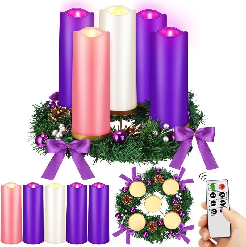 Photo 1 of 12 Inch Christmas Advent Wreath Candle Holder with 5 Candles Remote Control Purple Ribbon Christmas Wreath Advent Candle Holder Centerpiece Decoration with Berries (Trendy,8 x 3 x 3 in)
