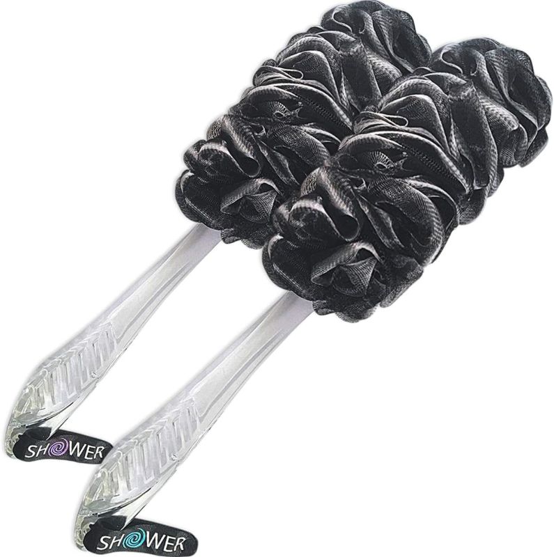 Photo 1 of Loofah-Charcoal Back-Scrubbers 2-Pack-by-Shower-Bouquet: Long-Handle Bath-Sponge-Brushes with Extra Large Soft Mesh for Men & Women - Exfoliate with Full Pure Cleanse in Bathing Accessories
