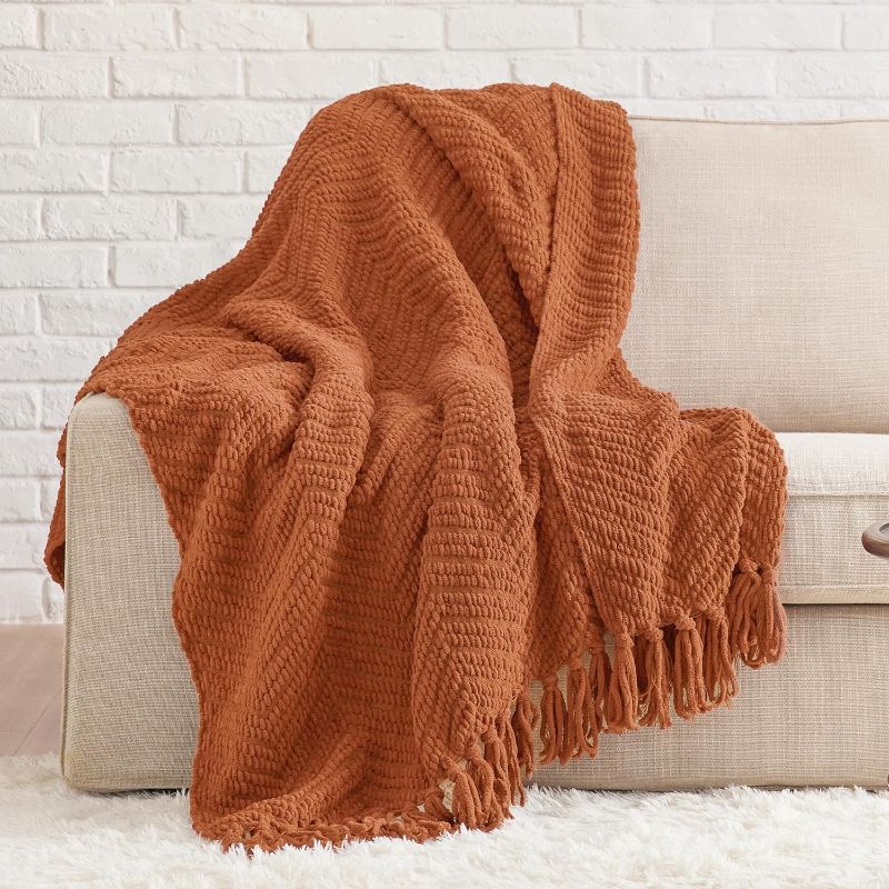 Photo 1 of Bedsure Burnt Orange Throw Blanket for Couch – Versatile Knit Woven Chenille Blanket for Chair, Super Soft, Warm & Decorative Blanket with Tassels for Bed, Sofa and Living Room (Burnt Orange, Throw)
