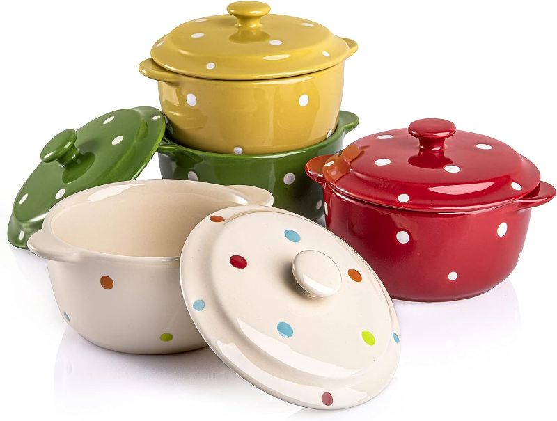 Photo 1 of AVLA 4 Pack Porcelain Ramekins with Lid and Handle, 9 OZ , Ceramic Souffle Soup Creme Brulee Bowls, Oven Safe, Mini Casserole Dish (Polka Dot, Assorted Color)
