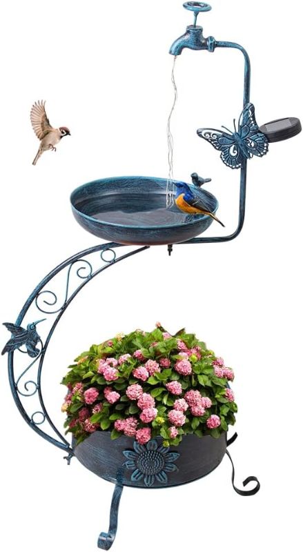 Photo 1 of VEWOGARDEN Blue Bird Baths for Outdoors Metal Garden Bird Bath with Solar Lamp Vintage S Birdbaths with Flower Planter Pedestal Standing Bird Feeder(36" H * 19.6" W)
