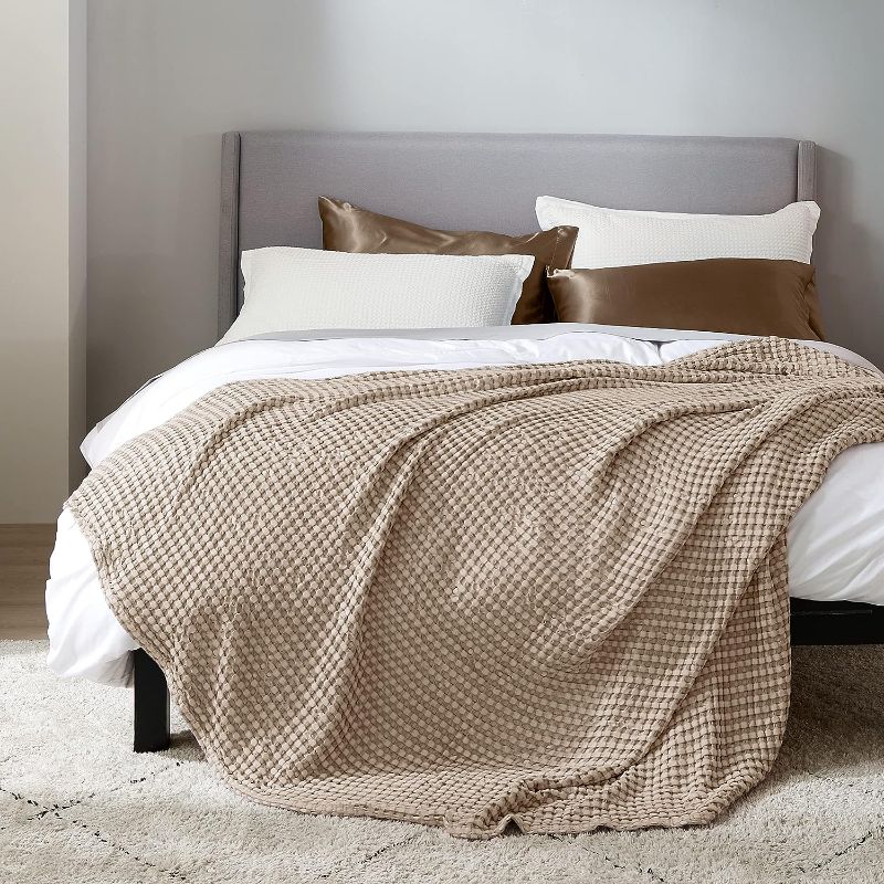 Photo 2 of Bedsure Cooling Cotton Waffle Queen Size Blanket -Lightweight Breathable Blanket of Rayon Derived from Bamboo for Hot Sleepers, Luxury Throws for Bed, Couch and Sofa, Taupe, 90x90 Inches
