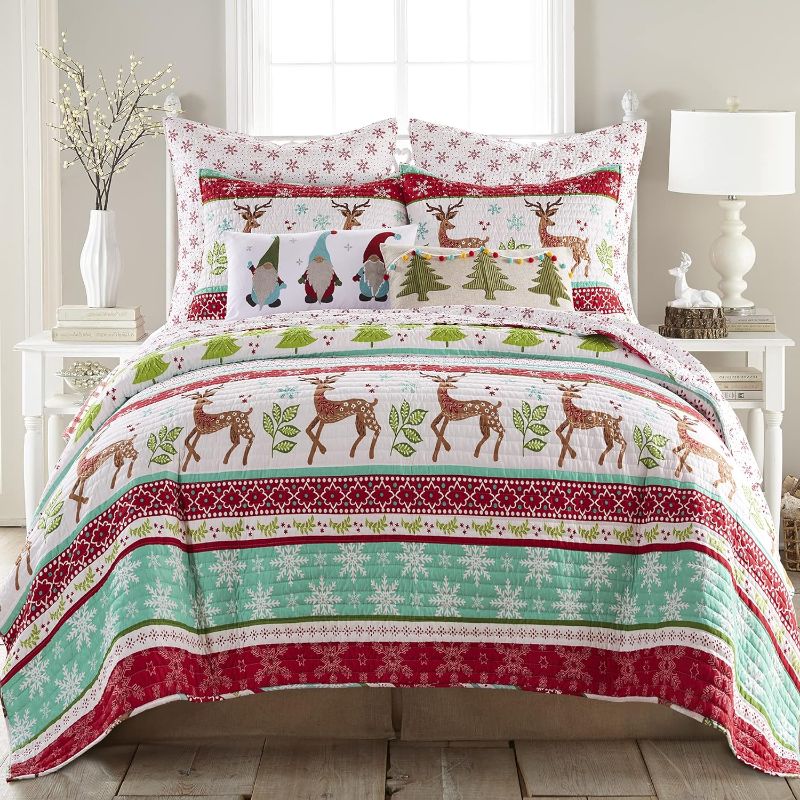 Photo 1 of Levtex Home Merry & Bright Collecion - Let It Snow Quilt Set - King/Cal King Quilt 106x92 and 20x36 - Christmas Fun in Red, Turquoise, Green, White - Reversible
