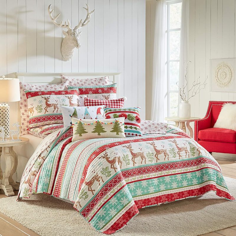 Photo 2 of Levtex Home Merry & Bright Collecion - Let It Snow Quilt Set - King/Cal King Quilt 106x92 and 20x36 - Christmas Fun in Red, Turquoise, Green, White - Reversible
