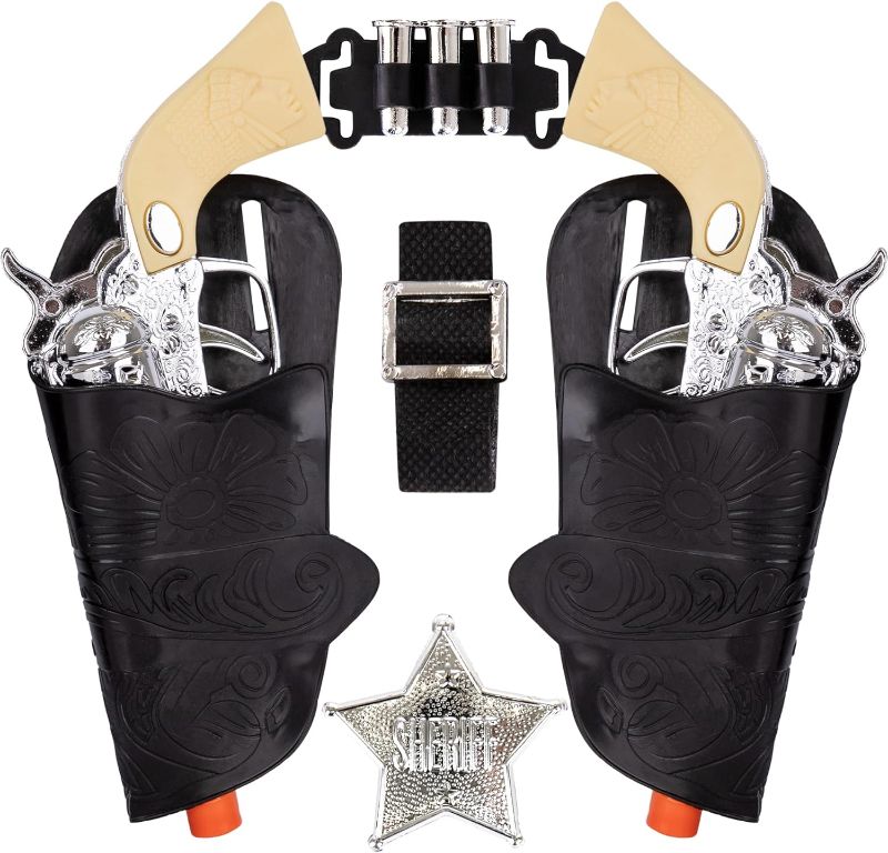 Photo 1 of Cowboy Toy Gun Holster and Belt 9 Piece Set for Kids. 2 Toy Pistols, 1 Sheriff Badge, 2 Gun Holsters, and 3 Play Bullets, 1 Adjustable Belt, Old Western Action Belt for Sheriff, Halloween Costume
