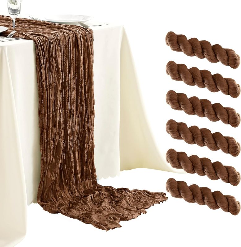 Photo 1 of 6 Pack Brown Cheesecloth Table Runners 10ft Wide Gauze Table Runners Boho Table Runners for Bridal Shower Wedding Birthday Party Table Decorations
