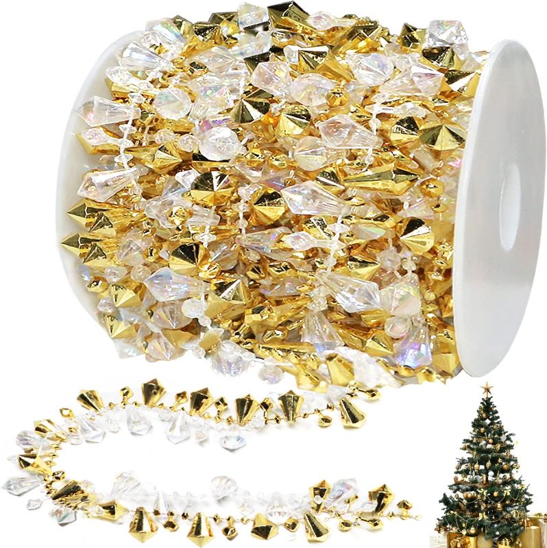 Photo 1 of Jishi 16ft Christmas Garland Christmas Tree Gold Bead Decoration Clear Iridescent & Gold Bead Garland Twist Bead String for Christmas Tree Decorations, Rustic Crystal Garland Ornaments for Home Decor
