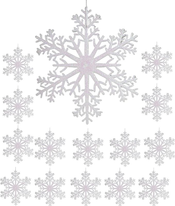 Photo 1 of Large Snowflakes - Set of 15 - White Glittered Snowflakes - Approximately 12" D - Snowflake Decorations - Snowflake Window Décor - Festive Winter Decorations
