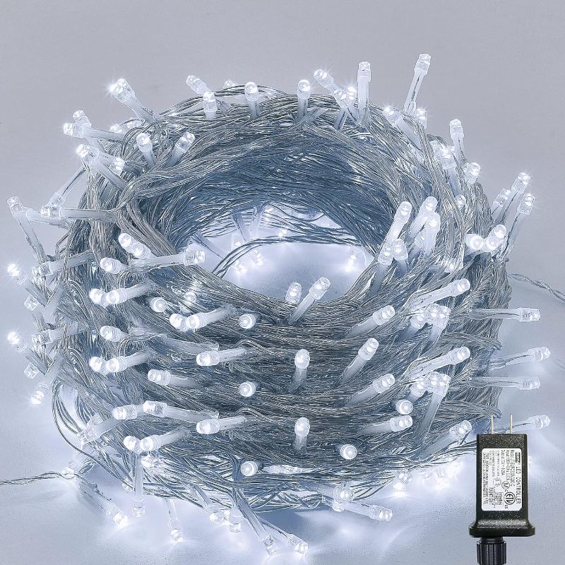 Photo 1 of LJLNION 300 LED String Lights Outdoor Indoor, Extra Long 98.5FT Super Bright Christmas Lights, 8 Lighting Modes, Plug in Waterproof Fairy Lights for Holiday Wedding Party Bedroom Decorations ( White)
