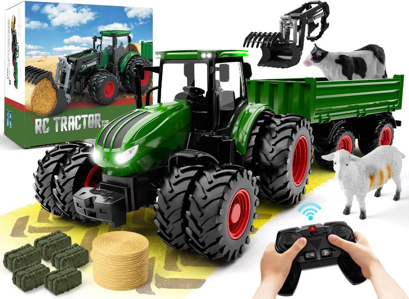 Photo 1 of Remote Control Tractor Toy, Kids RC Tractor Set & Truck and Trailer Front Loader - Metal Car Head/8 Wheel/Light, Toddlers Farm Vehicle Toys for 3 4 5 6 7 8 9 Year Old Boys Girls Birthday Gift
