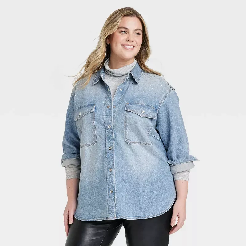 Photo 1 of Women's Embellished Denim Shacket - Universal Thread™ Light Wash
xxl
