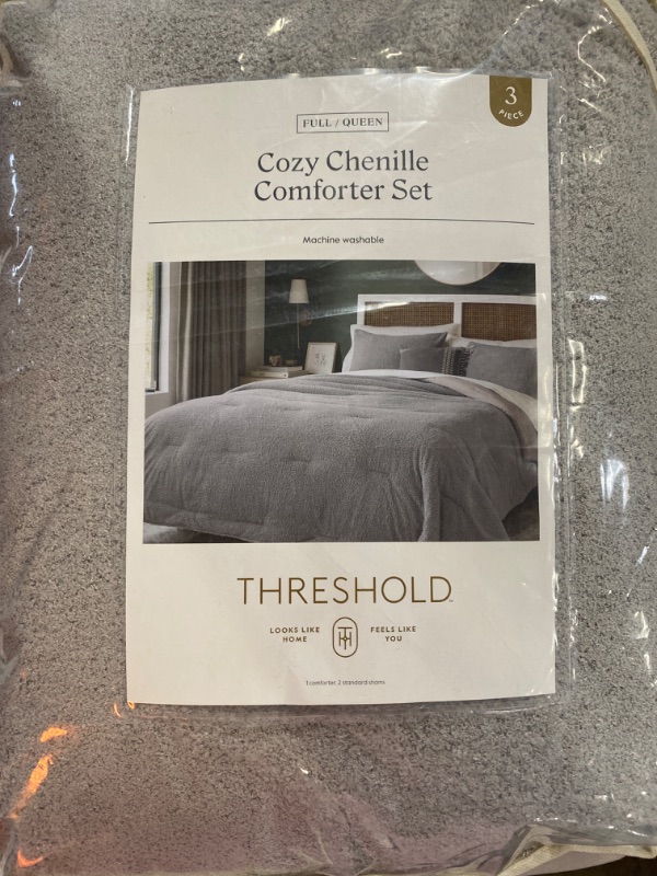 Photo 2 of 3pc Full/Queen Traditional Cozy Chenille Comforter and Sham Set Gray - Threshold™
