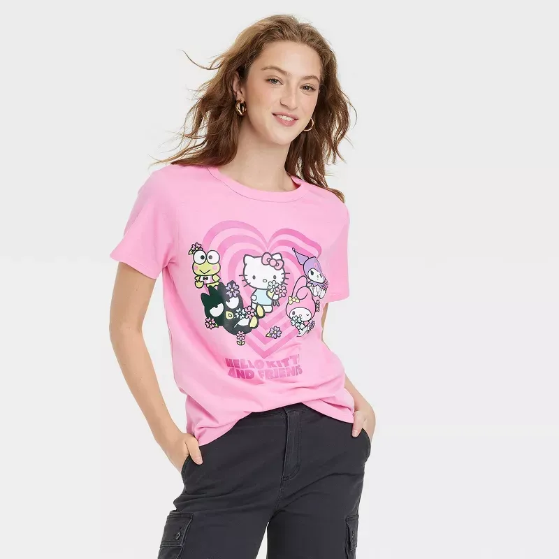 Photo 1 of Women's Hello Kitty and Friends Heart Short Sleeve Graphic T-Shirt - Pink- SIZE MEDIUM
