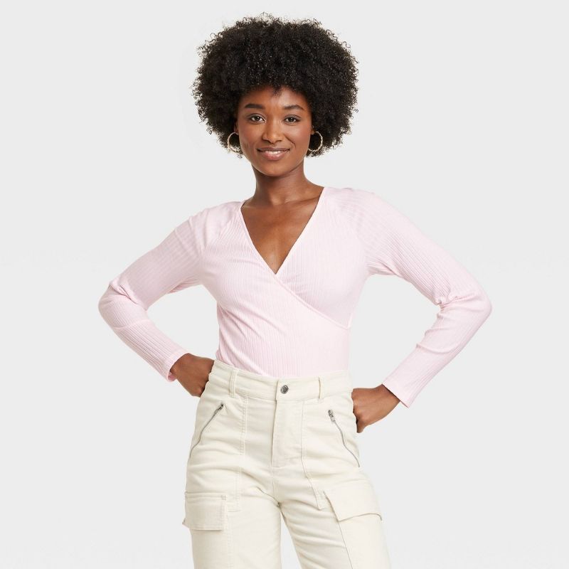 Photo 1 of Women's Slim Fit Long Sleeve V-Neck Wrap Shirt - Universal Thread™ Pink S
