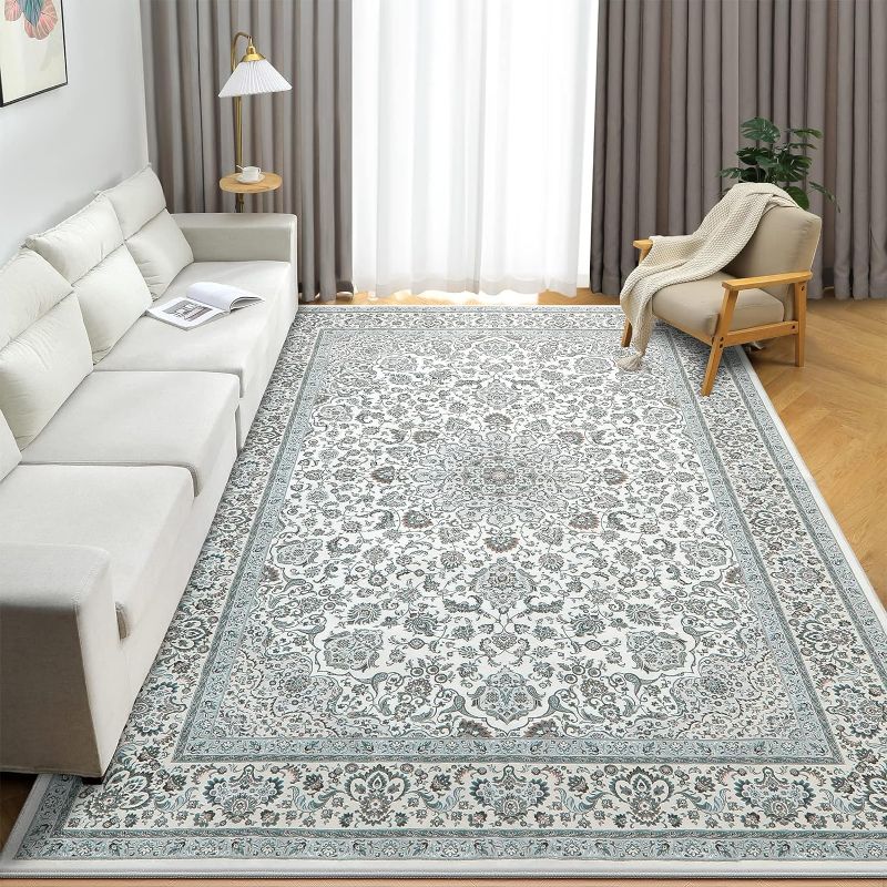 Photo 1 of 9x12 Area Rug Living Room Rugs: Machine Washable Rugs Soft Low Pile Area Rug with Non-Slip Backing Non-Shedding Stain-Resistant, Indoor Floral Floor Carpet for Dining Room Nursery Home Office-Green
