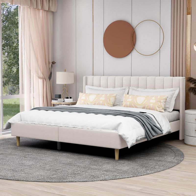 Photo 1 of AGARTT Upholstered Platform Bed Frame King Size with Headboard and Footboard/Wooden Slats Support/No Box Spring Needed/Easy Assembly,Cream Velvet
