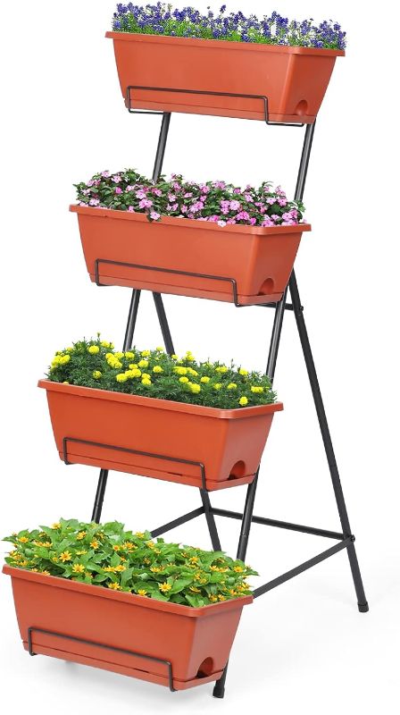 Photo 1 of 4 Tiers Vertical Raised Garden Bed, Planter Raised Beds Freestanding Elevated Planter Bed with Planter Tray for Indoor and Outdoor Flowers Herbs Vegetables, Brick Red
