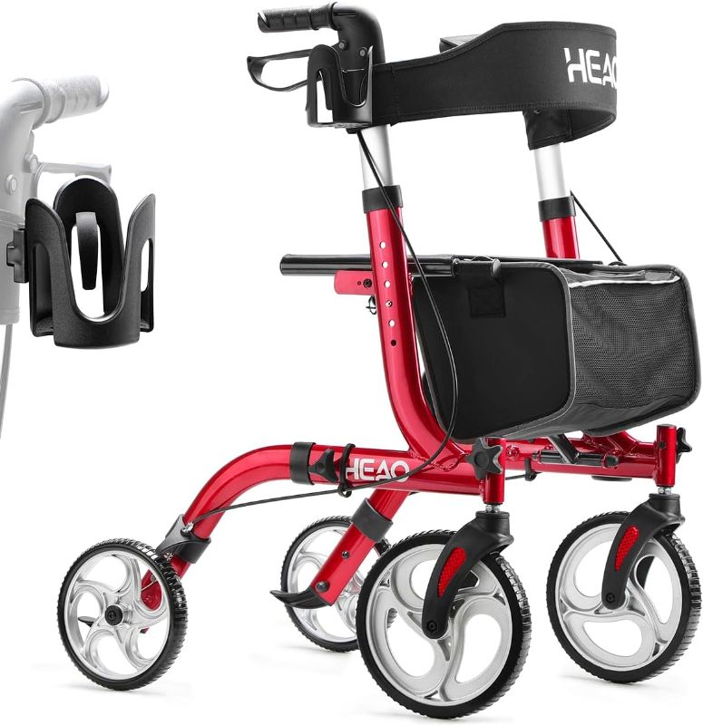 Photo 1 of HEAO Rollator Walker for Seniors,10" Wheels Walker with Cup Holder,Padded Backrest and Compact Folding Design,Lightweight Mobility Walking Aid with Seat,Red
