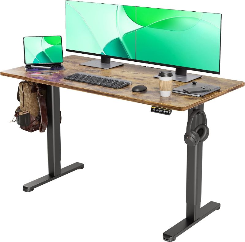 Photo 1 of Electric Standing Desk, Adjustable Height Stand up Desk, 55x24 Inches Sit Stand Home Office Desk with Splice Board, Black Frame/Rustic Brown Top
